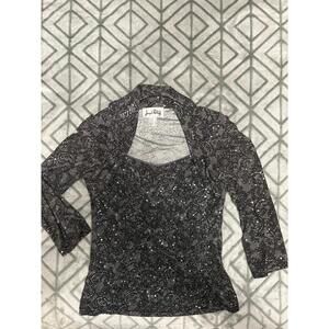 Joseph Ribkoff Blouse Womens Size 8 Black Floral Lace Print Sequined Elegant